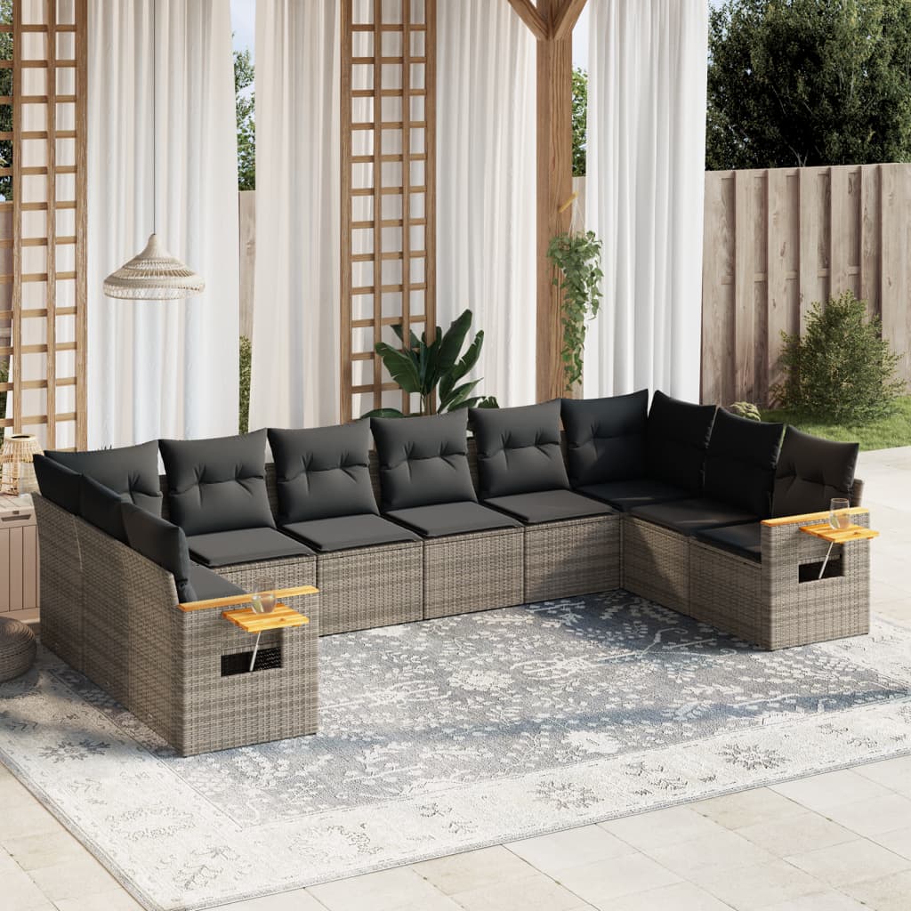 10 Pcs conjunto sofás de jardim c/ almofadões vime PE cinzento