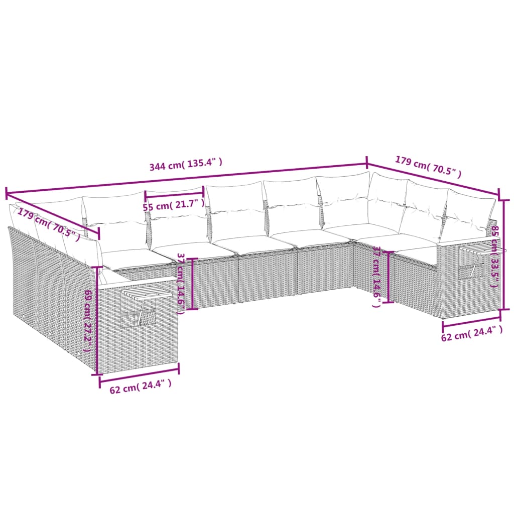 10 Pcs conjunto sofás de jardim c/ almofadões vime PE cinzento