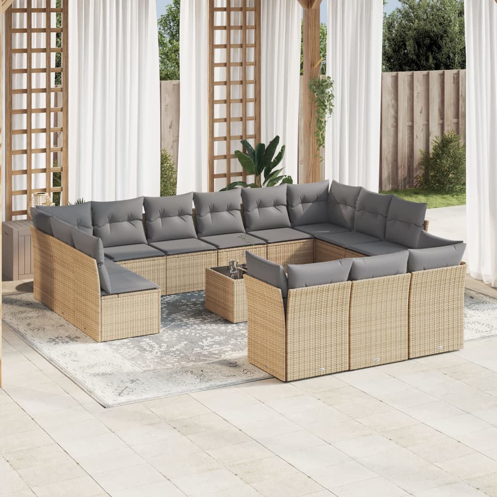 14 Pcs conjunto de sofás p/ jardim com almofadões vime PE bege