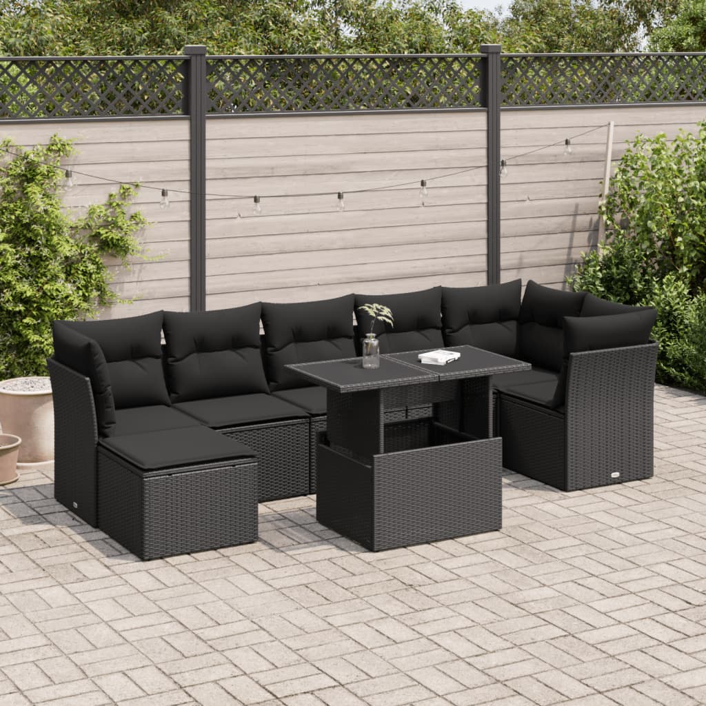 8 Pcs conjunto sofás de jardim com almofadões vime PE preto