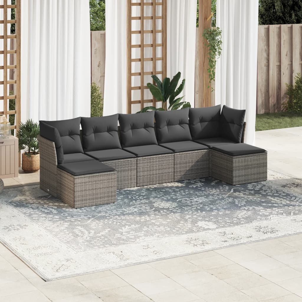7 Pcs conjunto sofás p/ jardim c/ almofadões vime PE cinzento