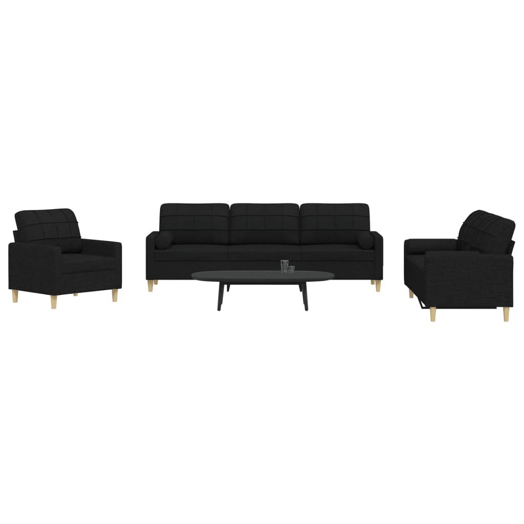 3 Pcs conjunto de sofás com almofadas decorativas tecido preto