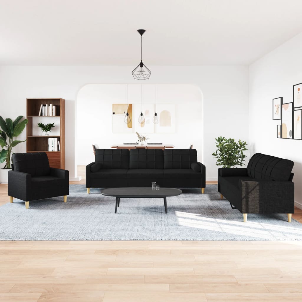 3 Pcs conjunto de sofás com almofadas decorativas tecido preto