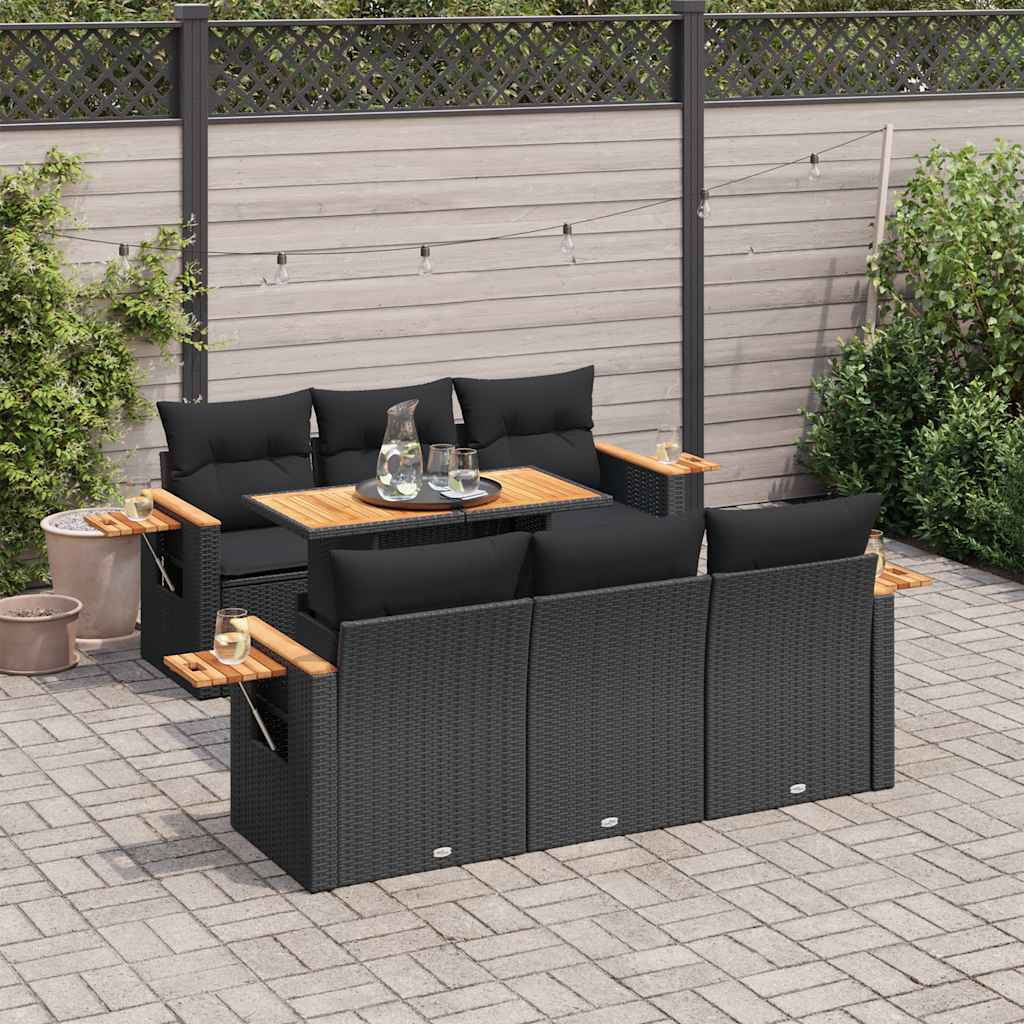 7 Pcs conjunto sofás jardim c/ almofadões vime PE/acácia preto