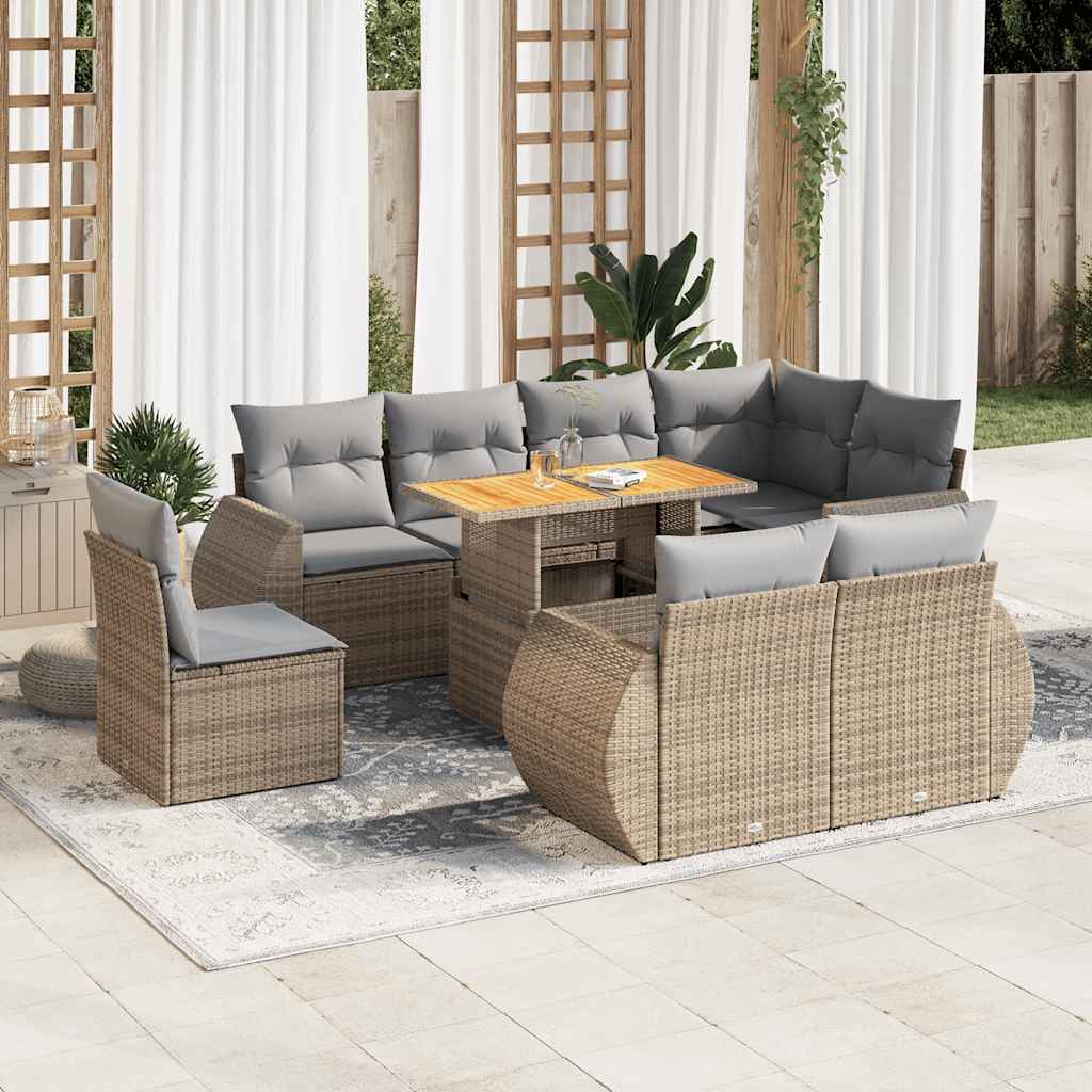 9 Pcs conjunto de sofás p/ jardim com almofadões vime PE bege