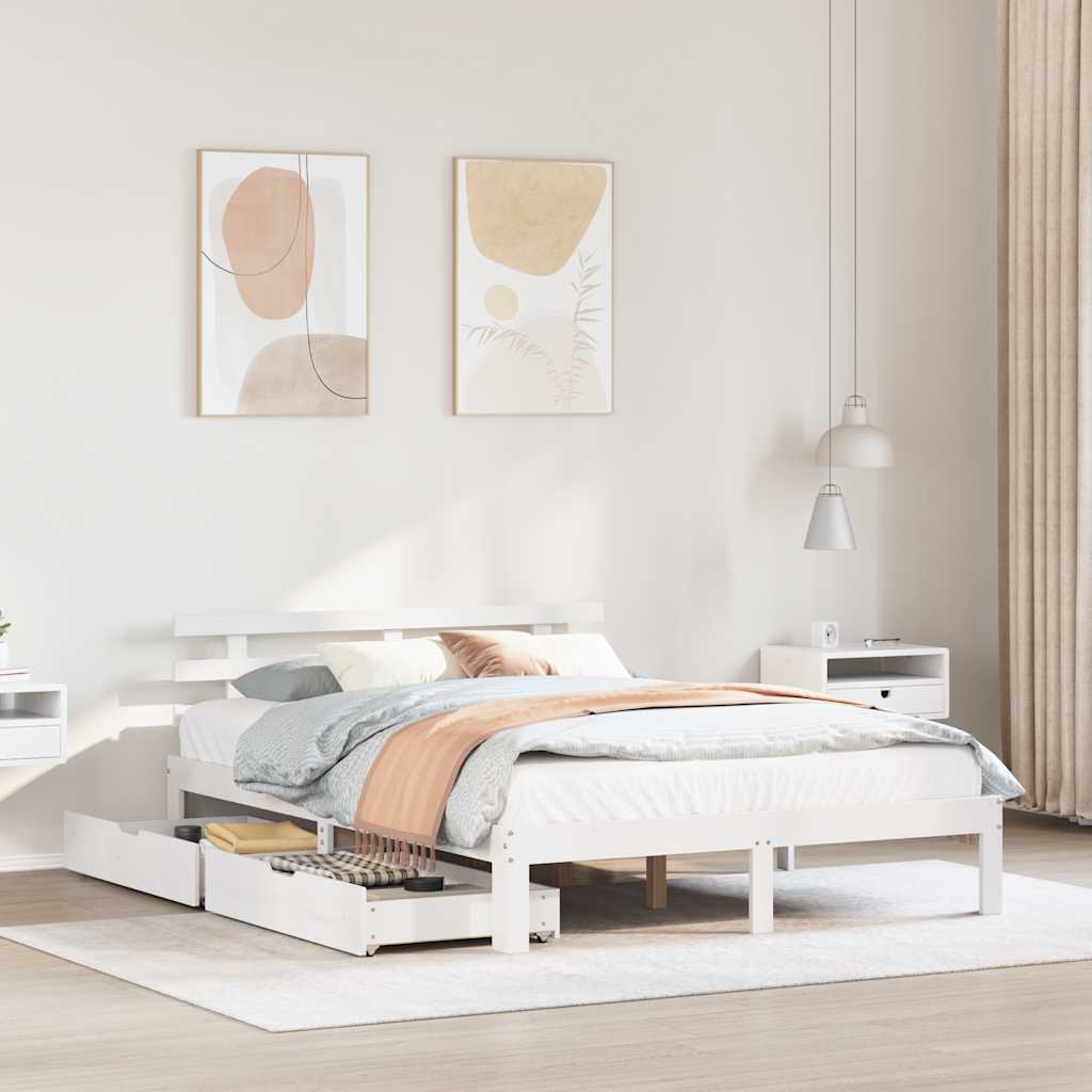 Estrutura de cama c/ gavetas 150x200 cm pinho maciço branco