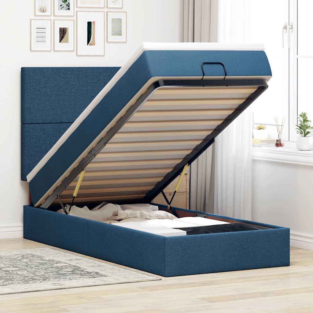 Cama otomana com colchão & leds tecido azul 90x200 cm
