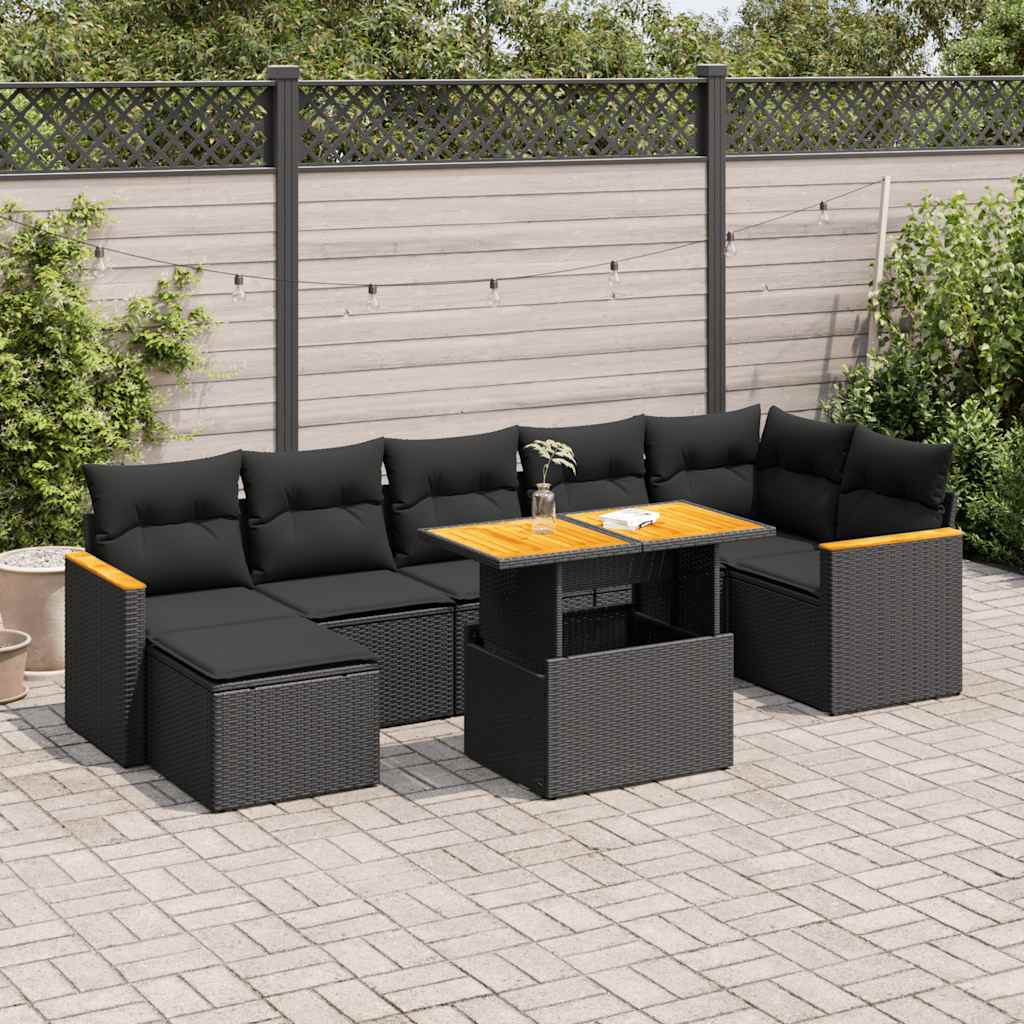 8 Pcs conjunto sofás jardim com almofadões vime PE/acácia preto
