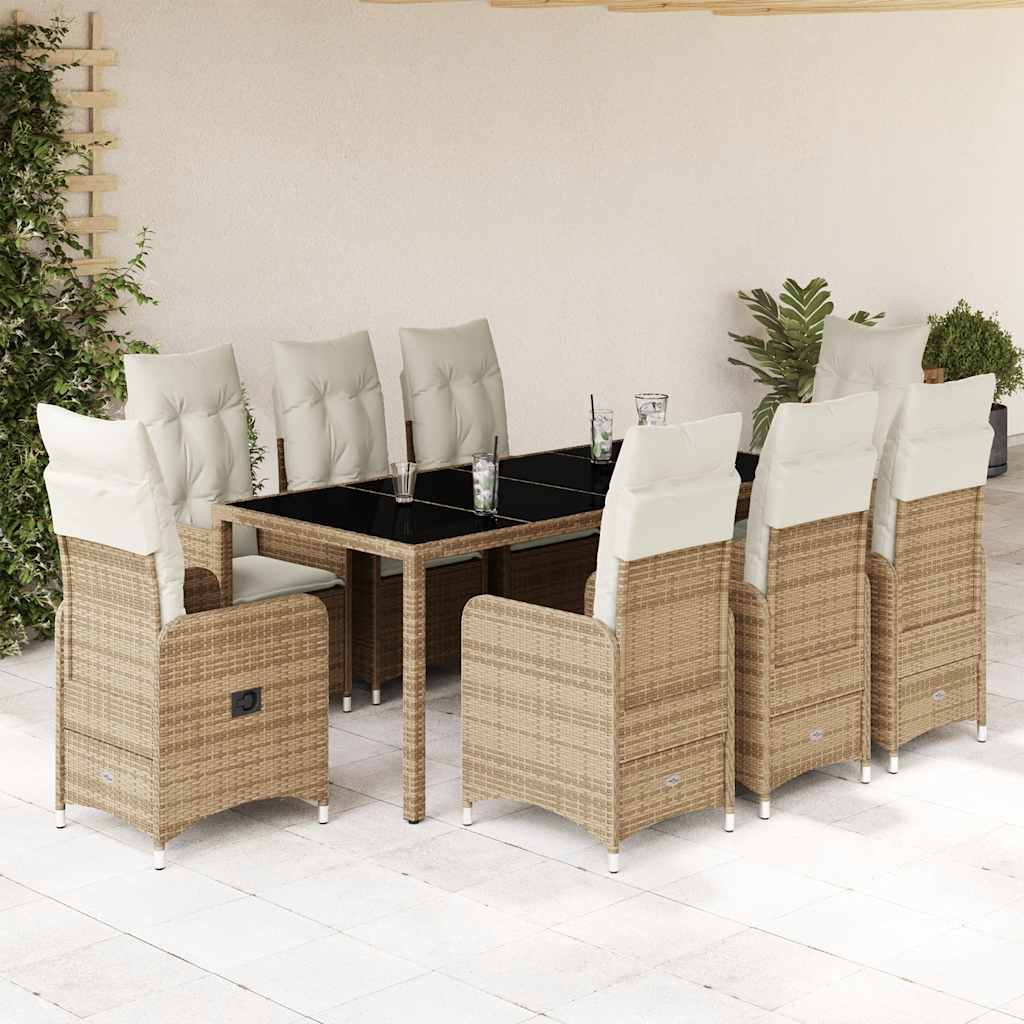 9 Pcs conjunto de bistrô para jardim c/ almofadões vime PE bege
