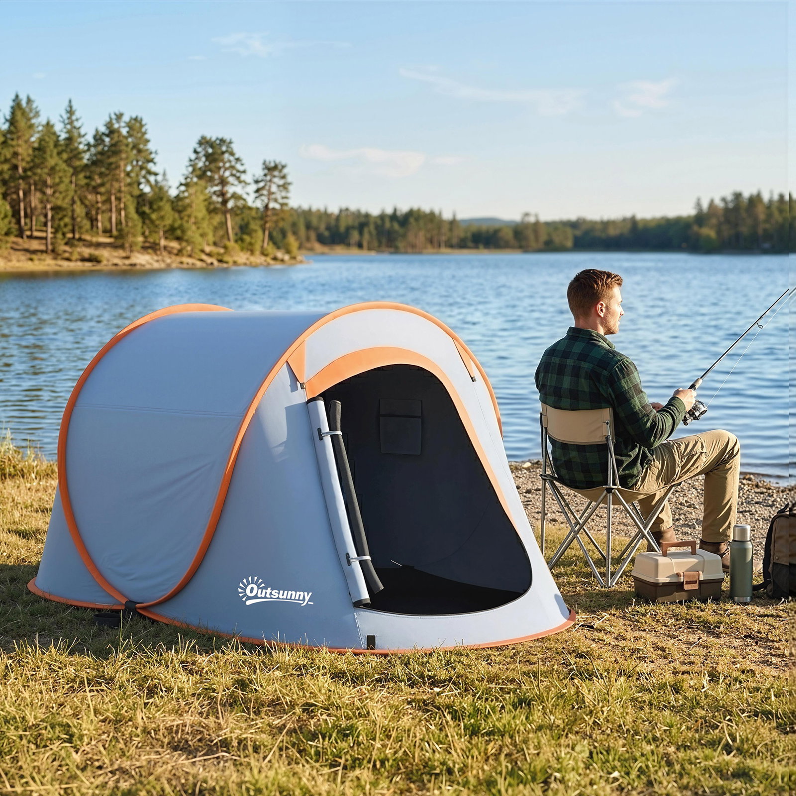 Tenda de campismo para 1-2 pessoas impermeável de 2000 mm com bolsa de transporte para pesca 245x148x105 cm cinzento