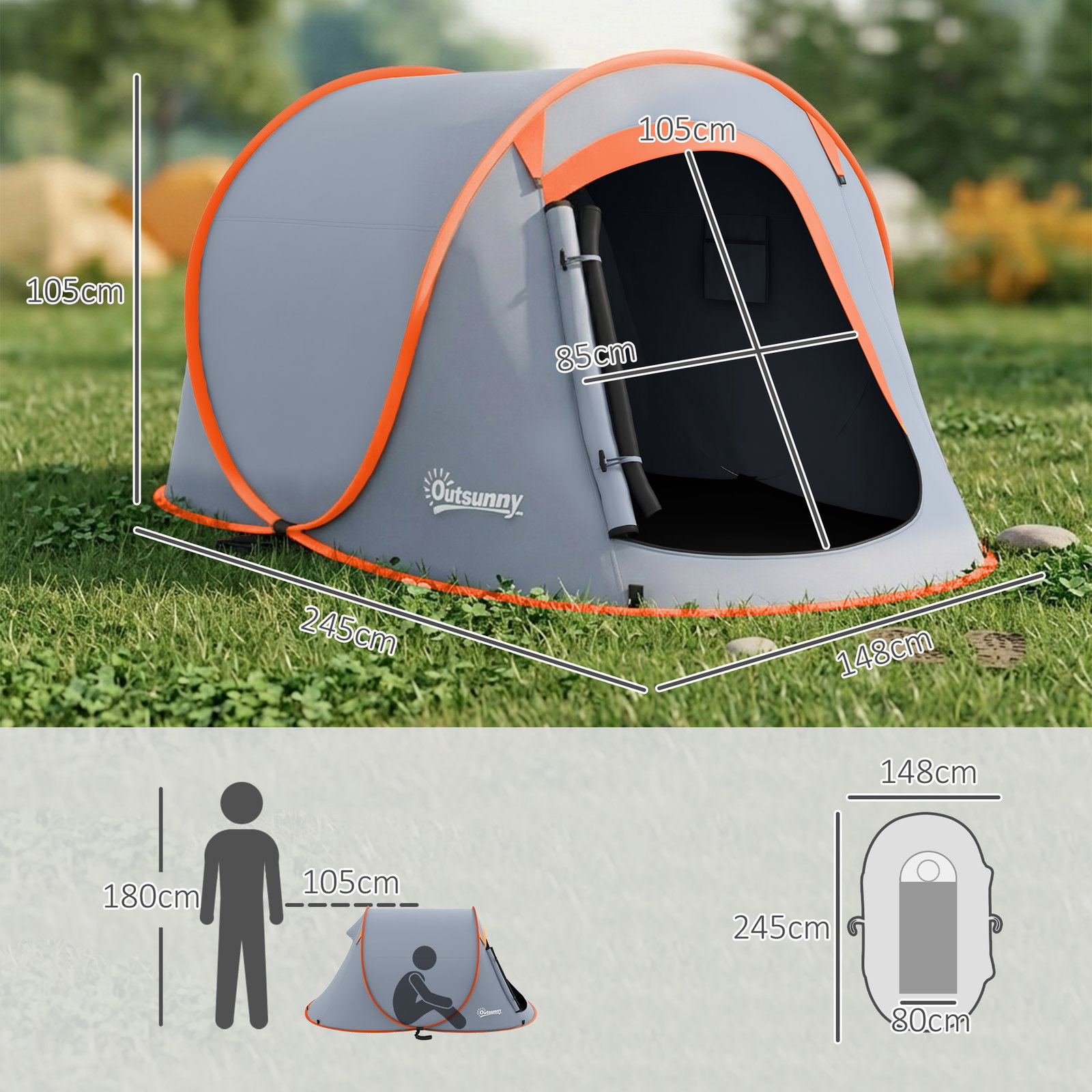 Tenda de campismo para 1-2 pessoas impermeável de 2000 mm com bolsa de transporte para pesca 245x148x105 cm cinzento