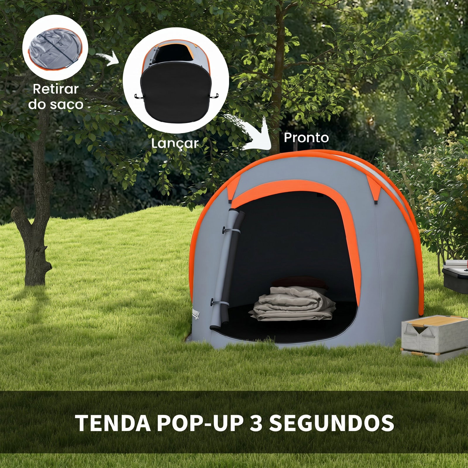Tenda de campismo para 1-2 pessoas impermeável de 2000 mm com bolsa de transporte para pesca 245x148x105 cm cinzento