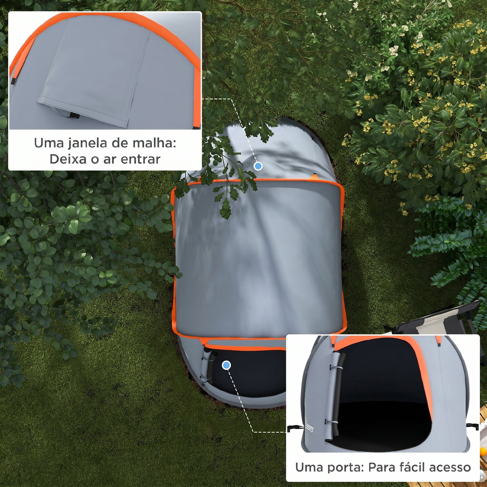 Tenda de campismo para 1-2 pessoas impermeável de 2000 mm com bolsa de transporte para pesca 245x148x105 cm cinzento