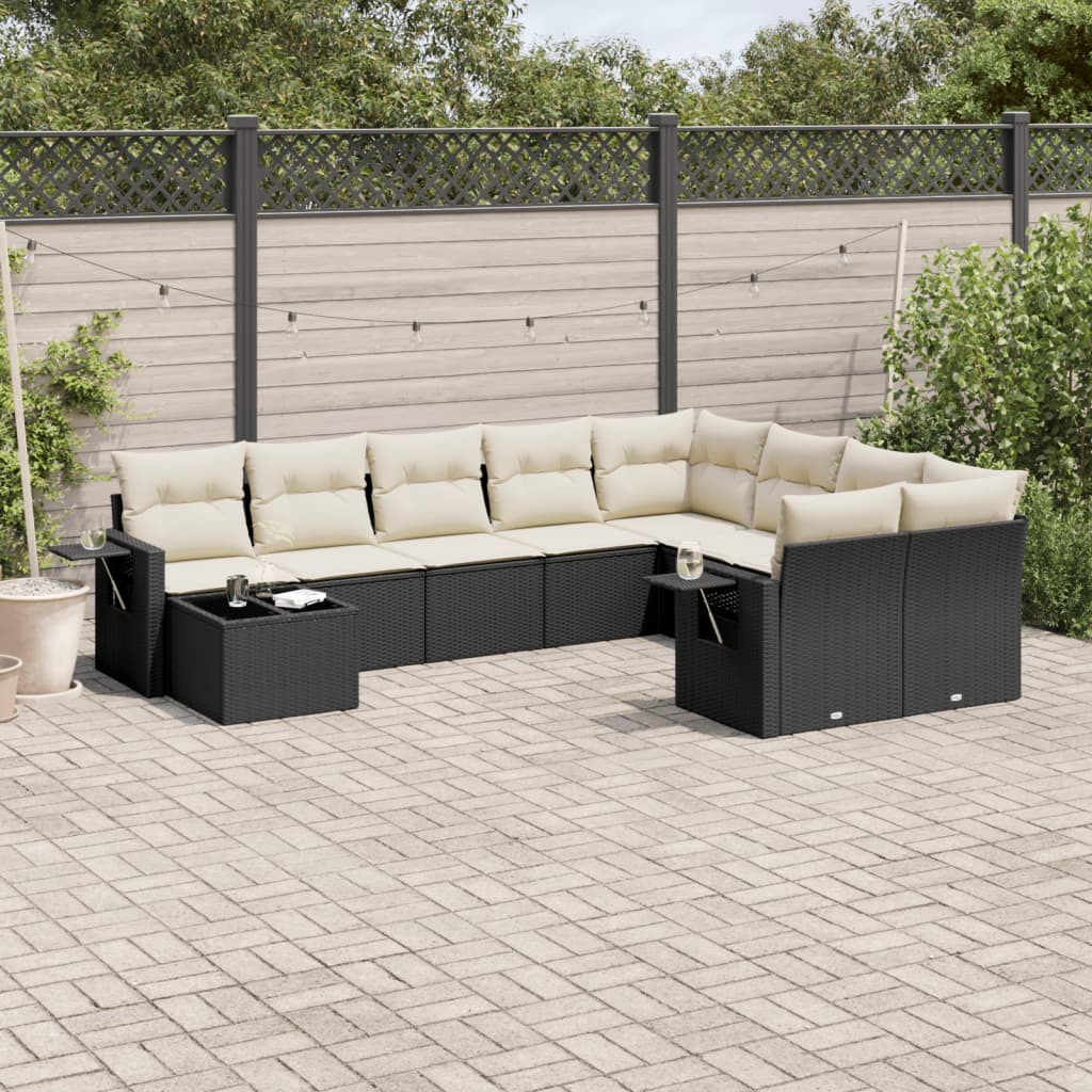 10 Pcs conjunto sofás de jardim c/ almofadões vime PE preto
