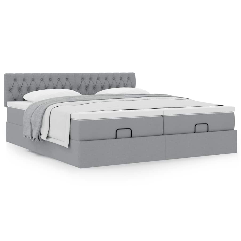 Estrutura de cama otomana com colchões tecido cinzento claro