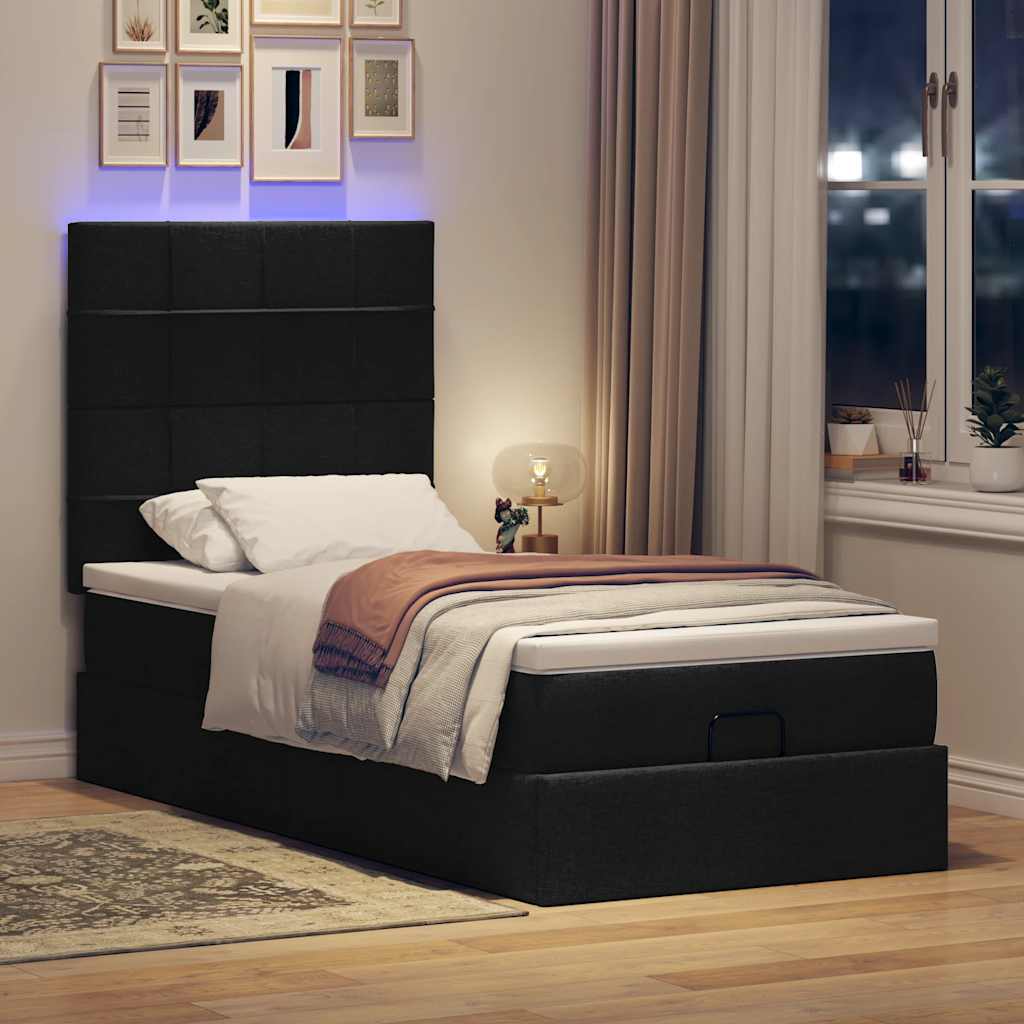 Cama otomana com colchão & leds 80x200cm tecido preto