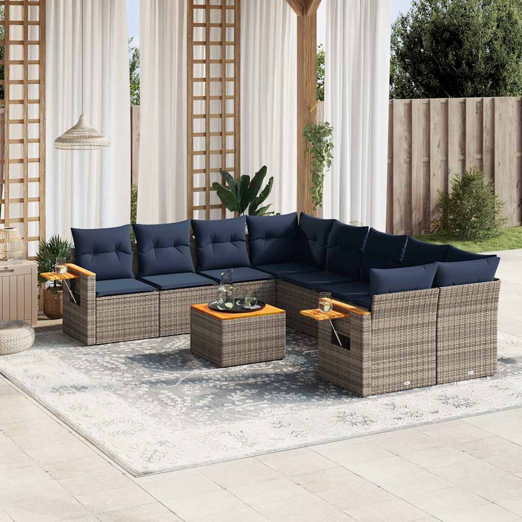 9 Pcs conjunto sofás p/ jardim c/ almofadões vime PE cinzento