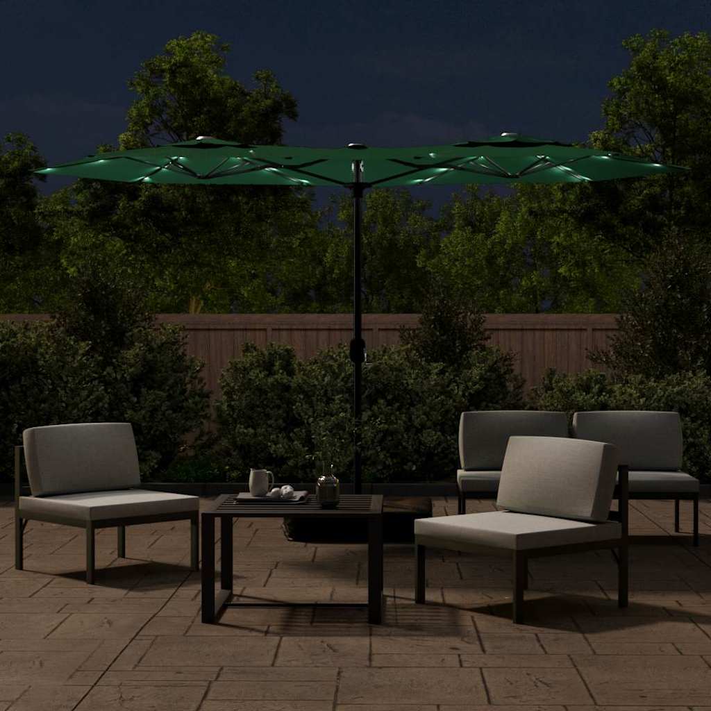 Guarda-sol de jardim c/ cabeça dupla/luzes LED 316x145 cm verde