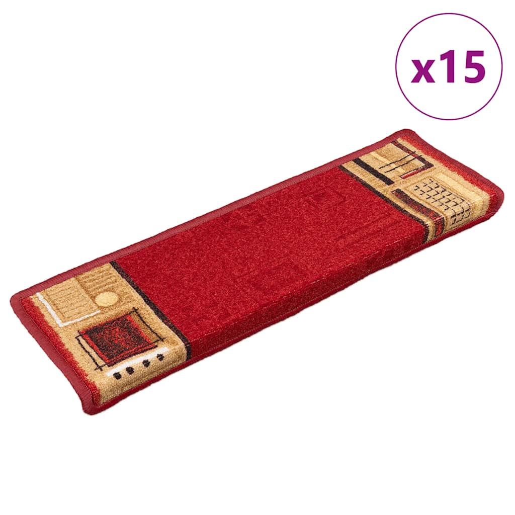 Tapetes de escada autoadesivos 15 pcs 65x21x4 cm vermelho