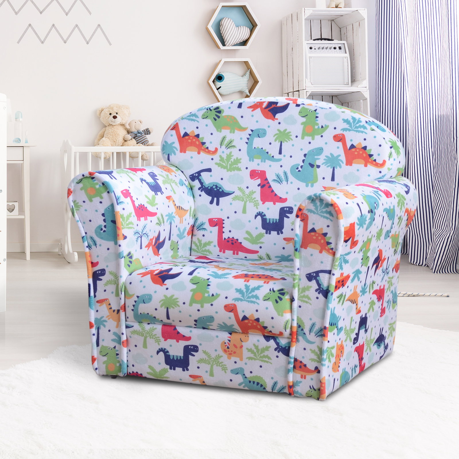 Poltrona para crianças acima de 3 anos com desenhos de foguete estrutura de madeira e estofado em flanela 50x39x44 cm multicor