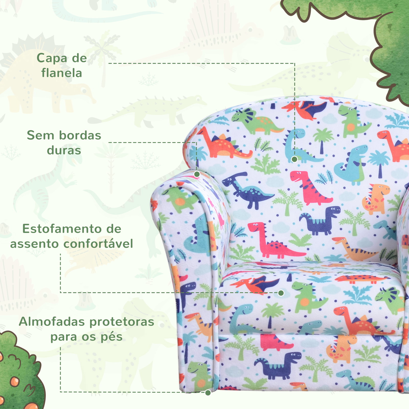 Poltrona para crianças acima de 3 anos com desenhos de foguete estrutura de madeira e estofado em flanela 50x39x44 cm multicor