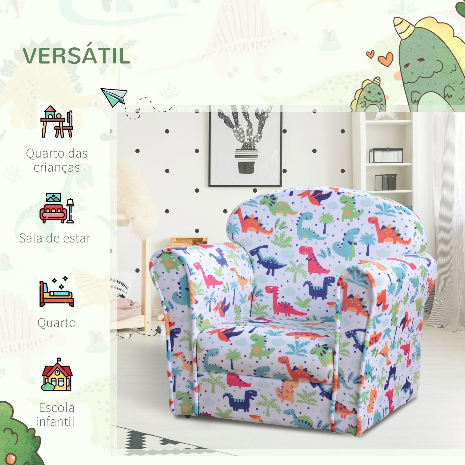 Poltrona para crianças acima de 3 anos com desenhos de foguete estrutura de madeira e estofado em flanela 50x39x44 cm multicor