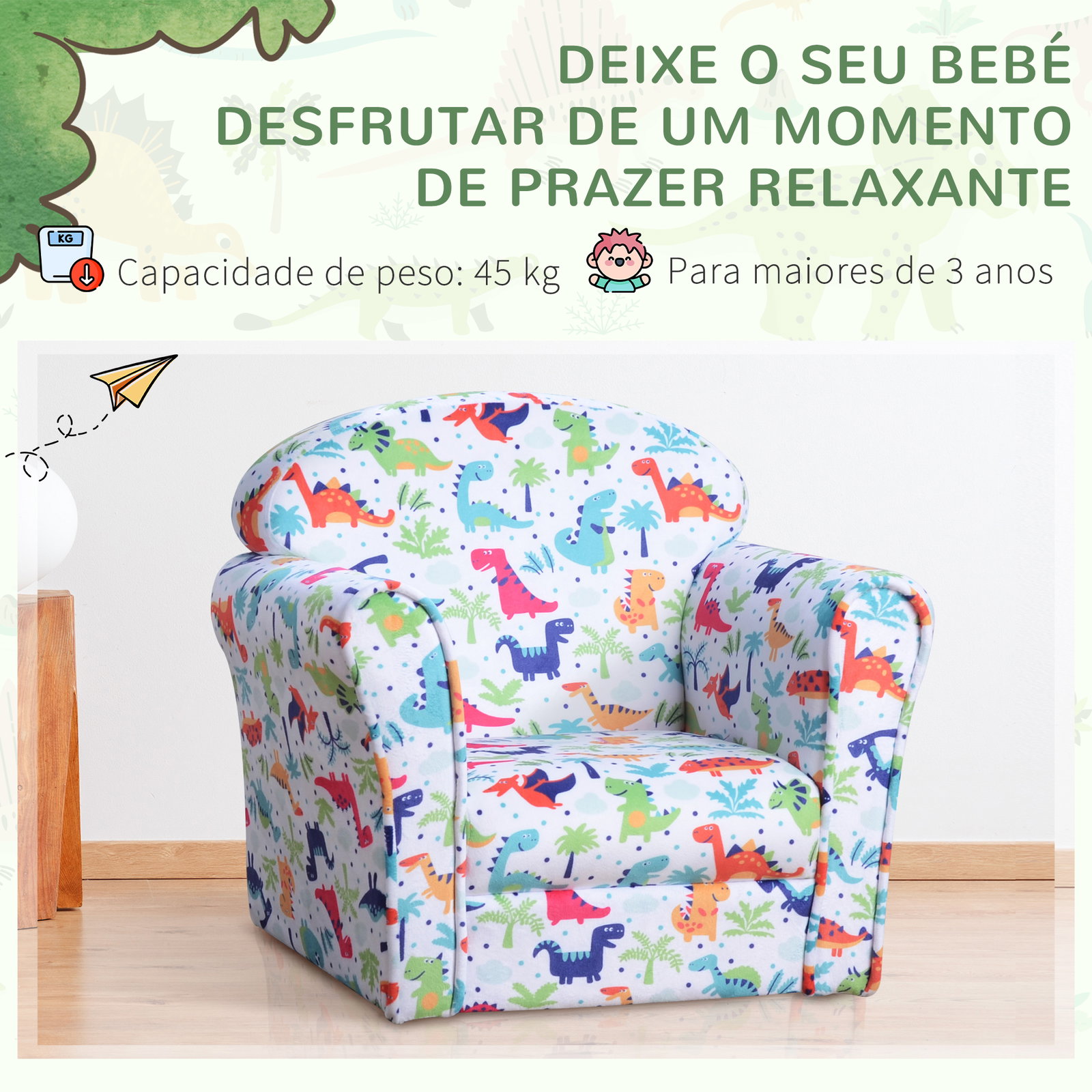 Poltrona para crianças acima de 3 anos com desenhos de foguete estrutura de madeira e estofado em flanela 50x39x44 cm multicor