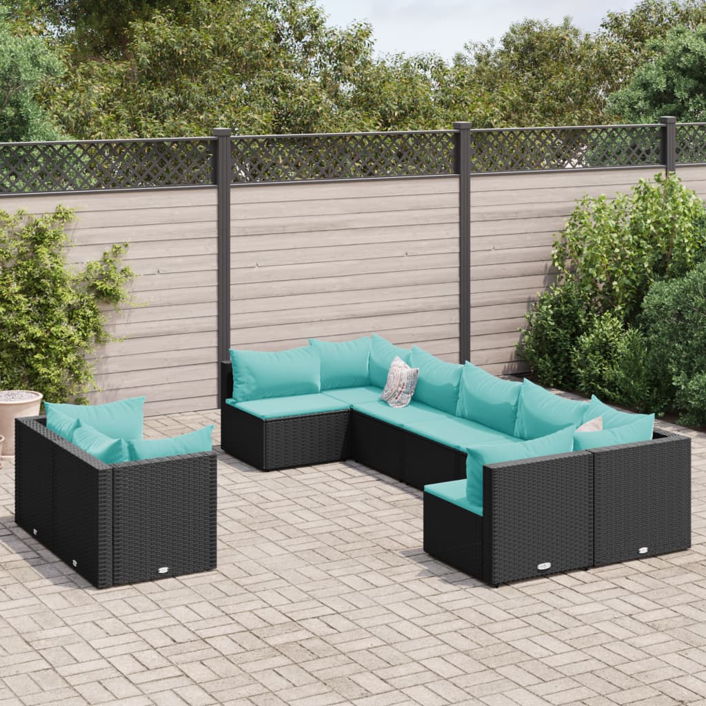 9 Pcs conjunto de sofás p/ jardim c/ almofadões vime PE preto
