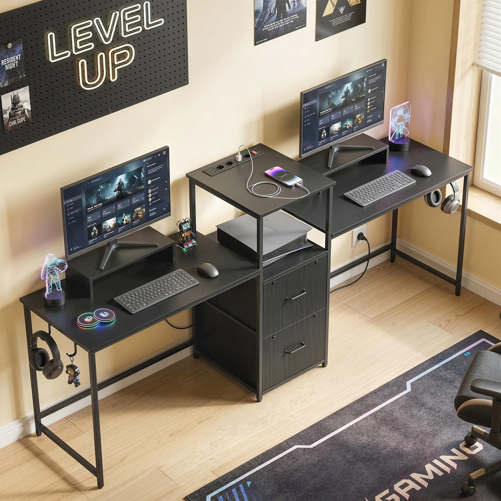 Mesa gaming dupla de 244 cm com estação de carga portos USB suportes para monitor gavetas de tecido preto