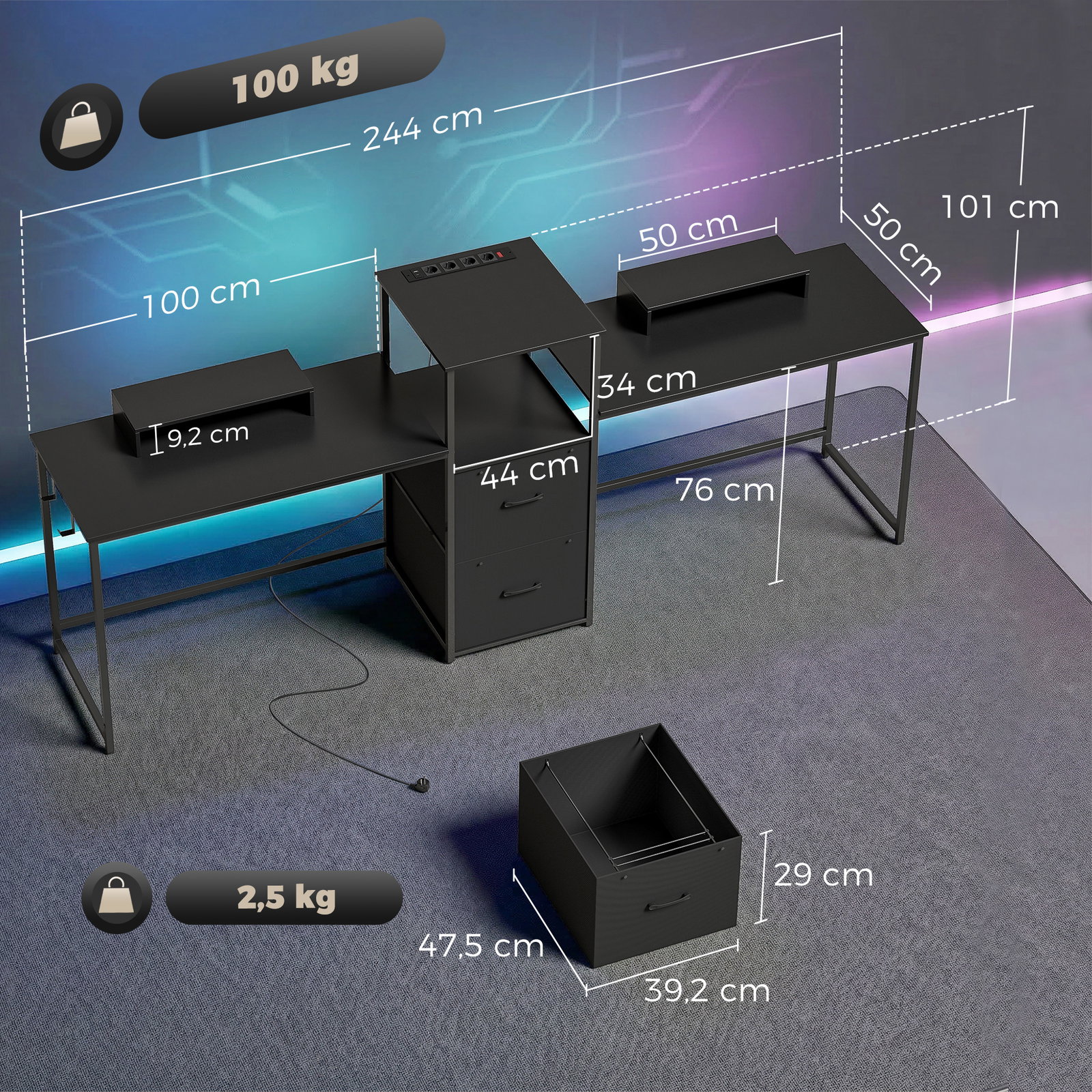Mesa gaming dupla de 244 cm com estação de carga portos USB suportes para monitor gavetas de tecido preto