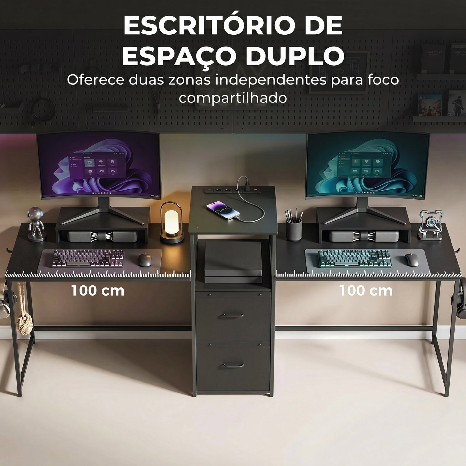 Mesa gaming dupla de 244 cm com estação de carga portos USB suportes para monitor gavetas de tecido preto