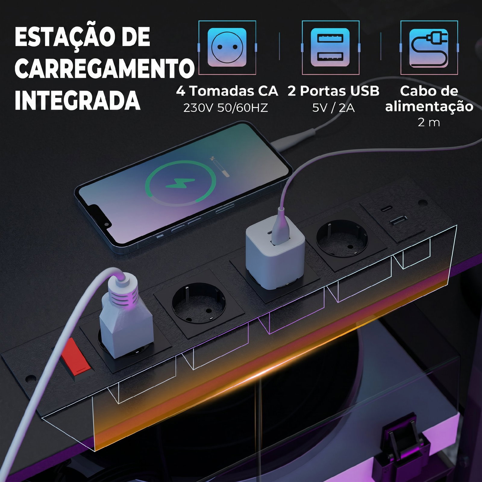 Mesa gaming dupla de 244 cm com estação de carga portos USB suportes para monitor gavetas de tecido preto