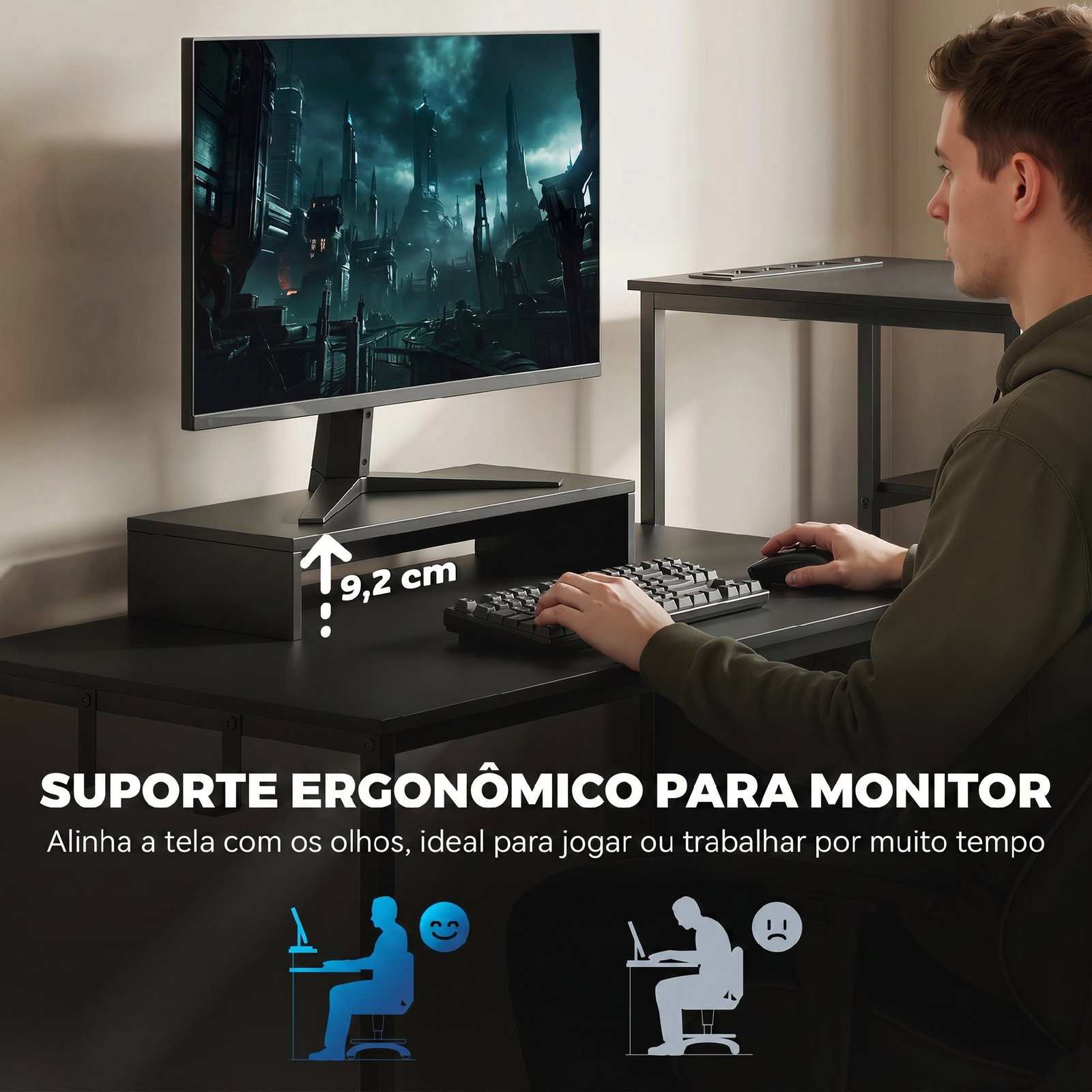 Mesa gaming dupla de 244 cm com estação de carga portos USB suportes para monitor gavetas de tecido preto