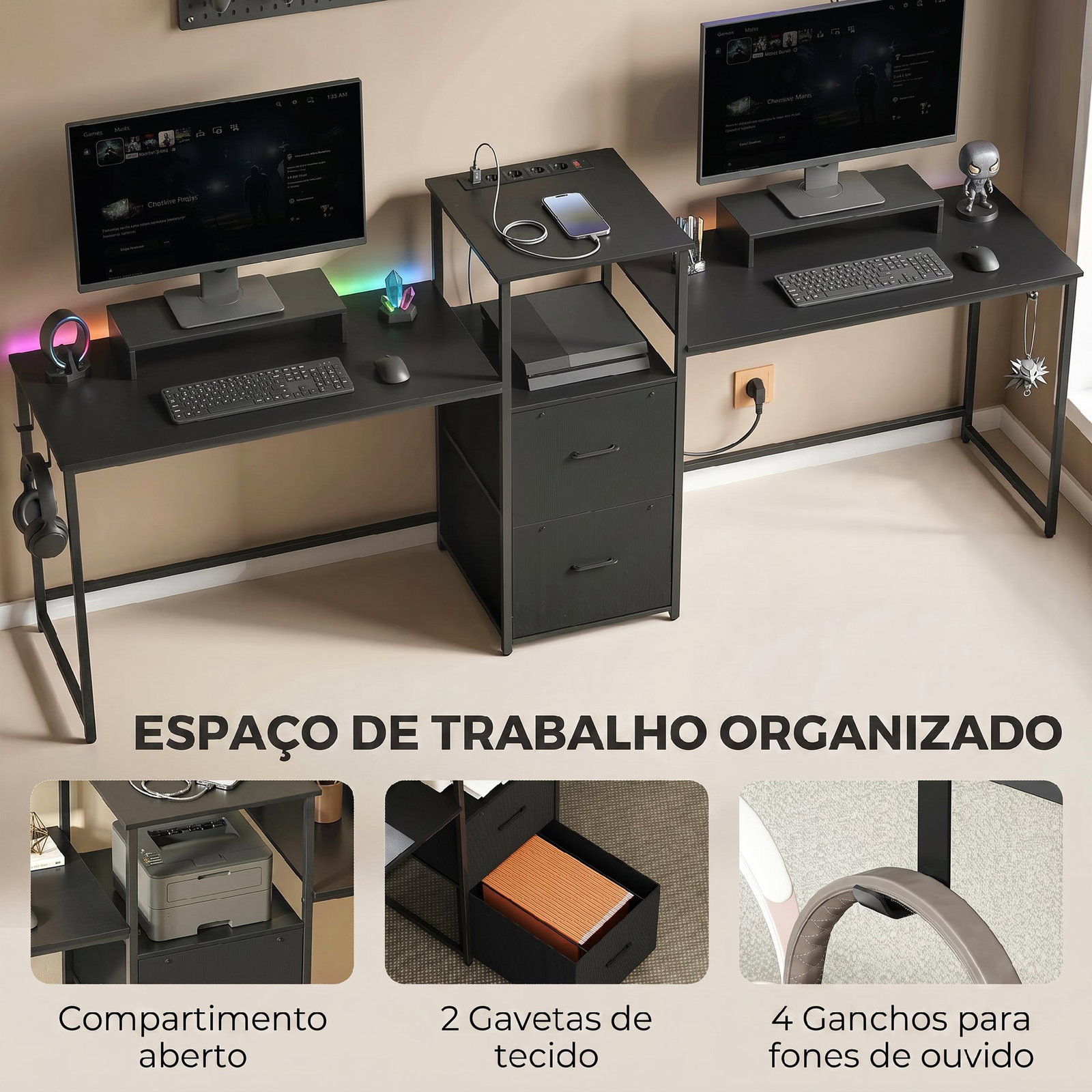 Mesa gaming dupla de 244 cm com estação de carga portos USB suportes para monitor gavetas de tecido preto