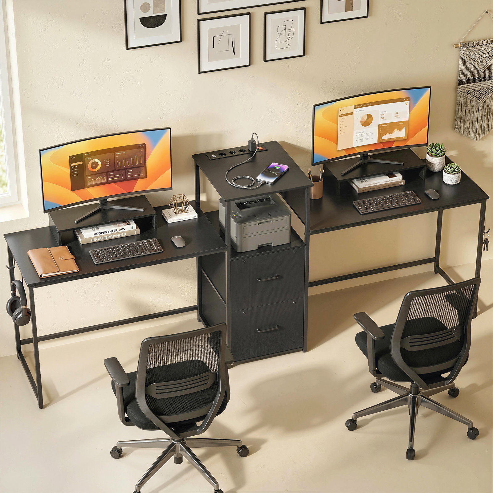 Mesa gaming dupla de 244 cm com estação de carga portos USB suportes para monitor gavetas de tecido preto