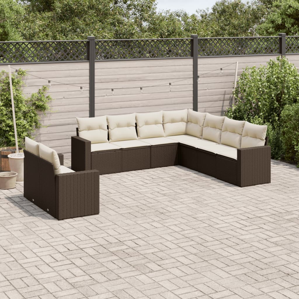 9 Pcs conjunto sofás p/ jardim c/ almofadões vime PE castanho