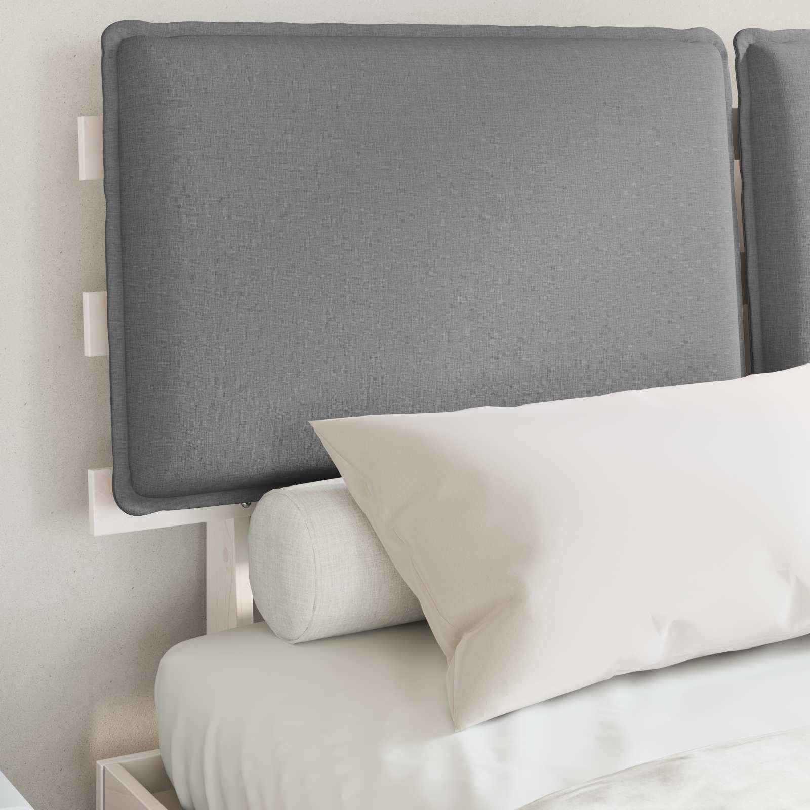 Estrutura de cama com cabeceira estofada cinzento-claro