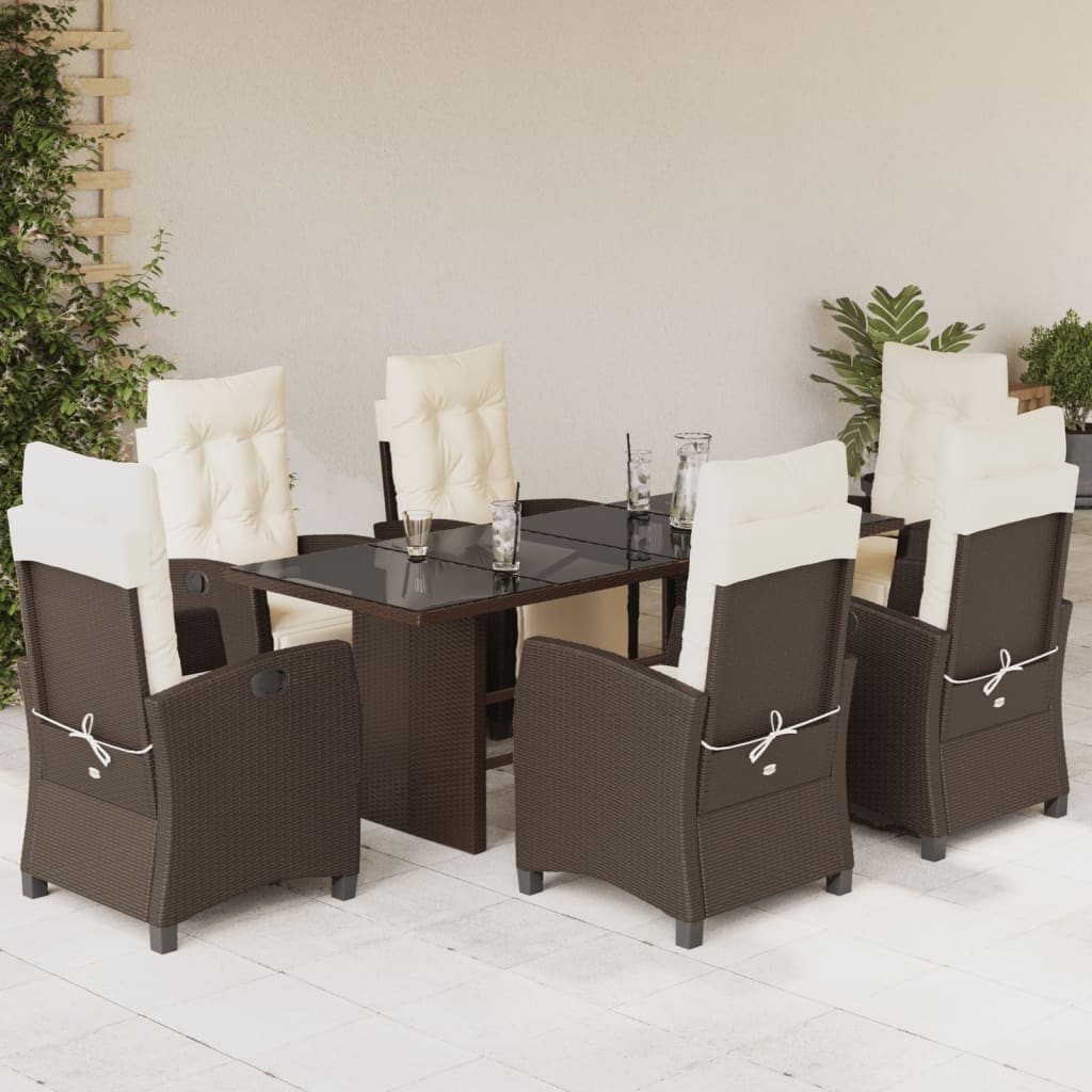 7 Pcs conjunto jantar p/ jardim c/ almofadões vime PE castanho