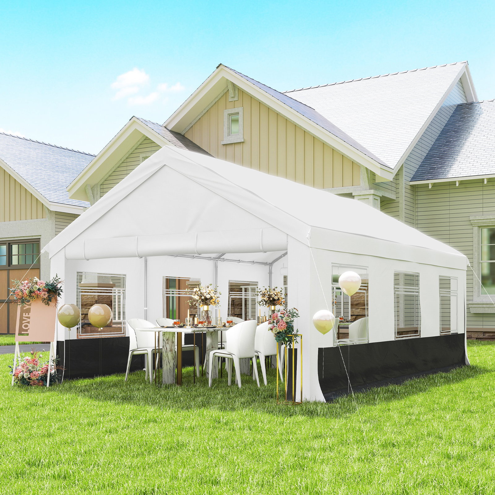 Tenda para festas 4x6 m, tenda de jardim com paredes removíveis, 2 portas e janelas upf30+ para casamentos, cinzento e branco