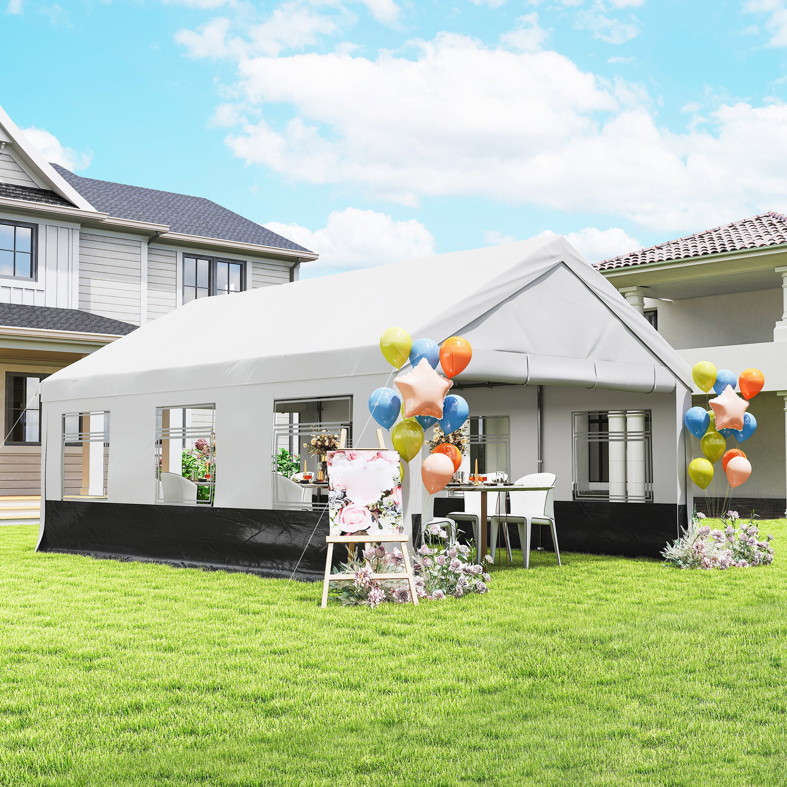 Tenda para festas 4x6 m, tenda de jardim com paredes removíveis, 2 portas e janelas upf30+ para casamentos, cinzento e branco