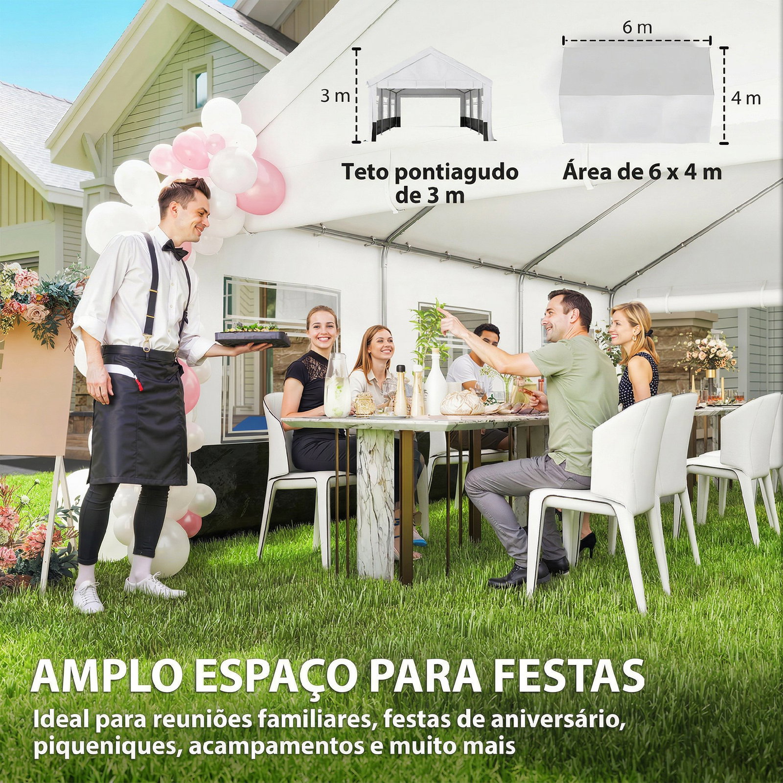 Tenda para festas 4x6 m, tenda de jardim com paredes removíveis, 2 portas e janelas upf30+ para casamentos, cinzento e branco