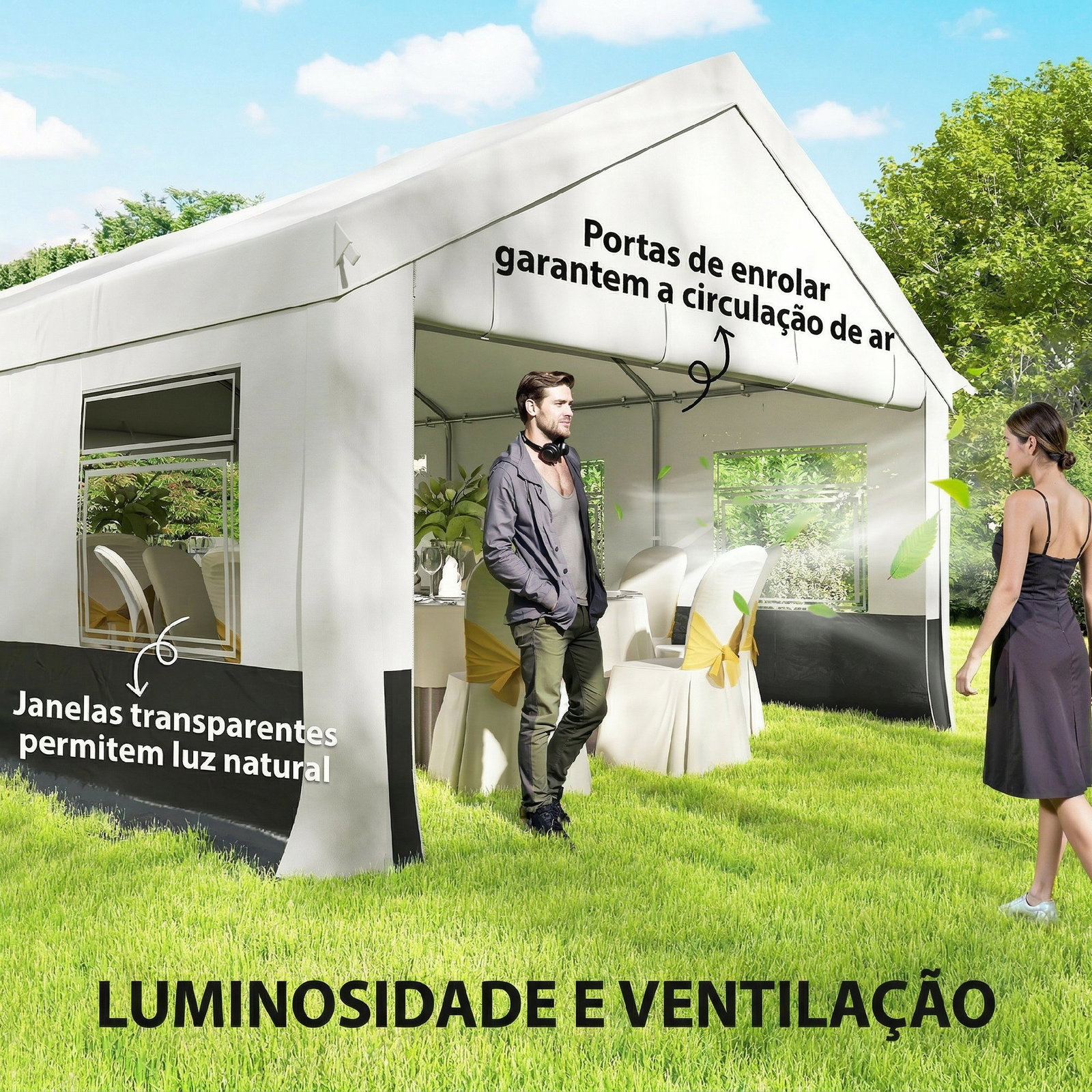Tenda para festas 4x6 m, tenda de jardim com paredes removíveis, 2 portas e janelas upf30+ para casamentos, cinzento e branco