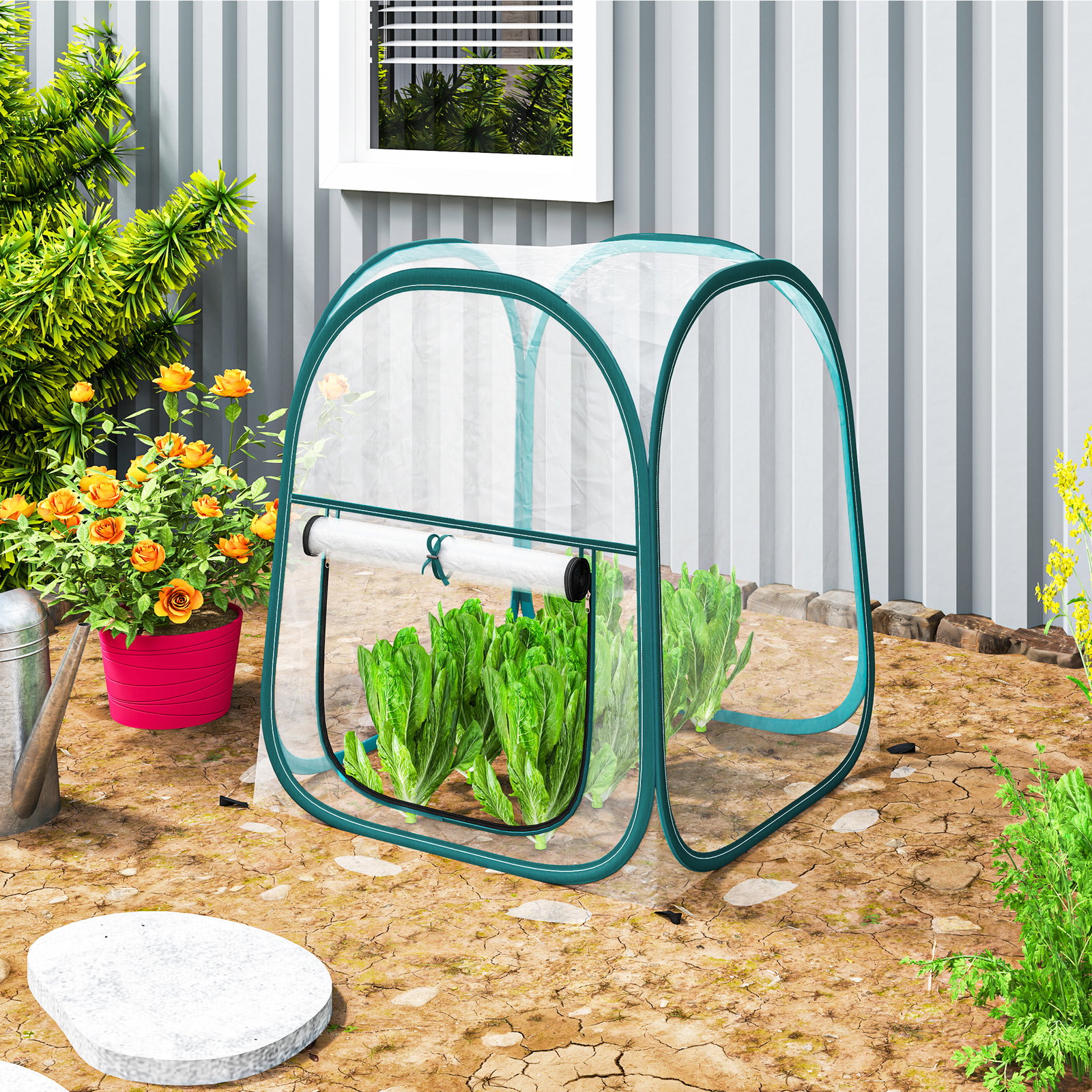 Mini estufa dobrável pop-up para exterior com porta enrolável e cobertura transparente