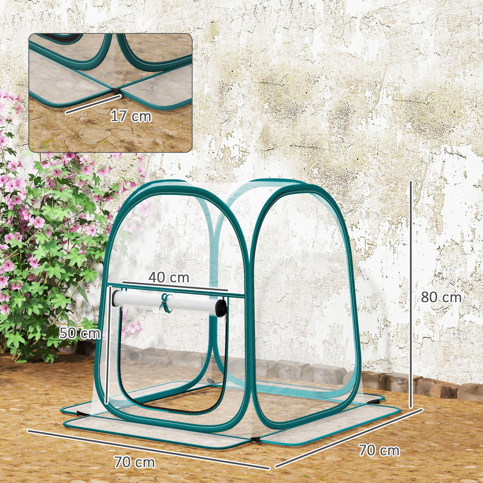 Mini estufa dobrável pop-up para exterior com porta enrolável e cobertura transparente