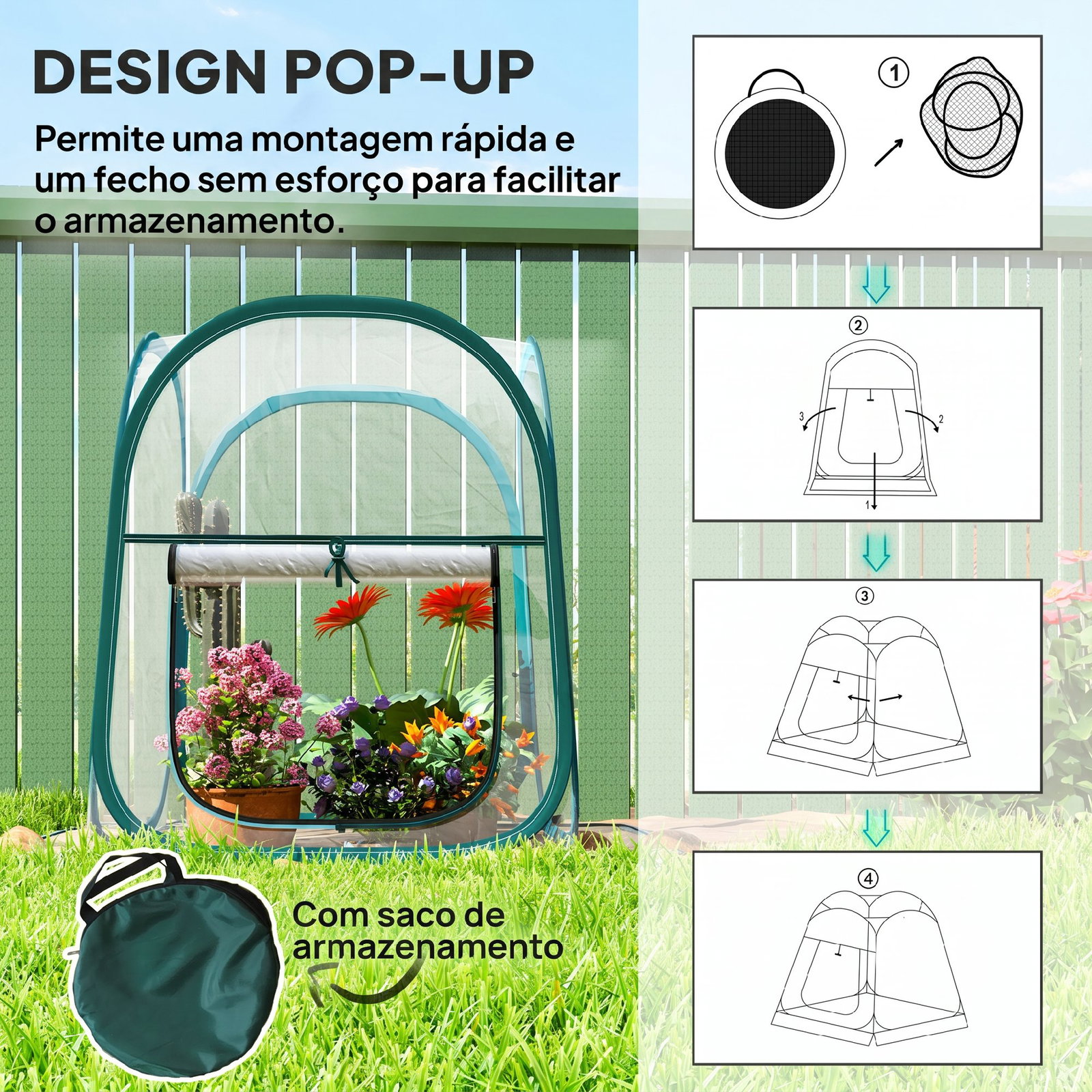 Mini estufa dobrável pop-up para exterior com porta enrolável e cobertura transparente