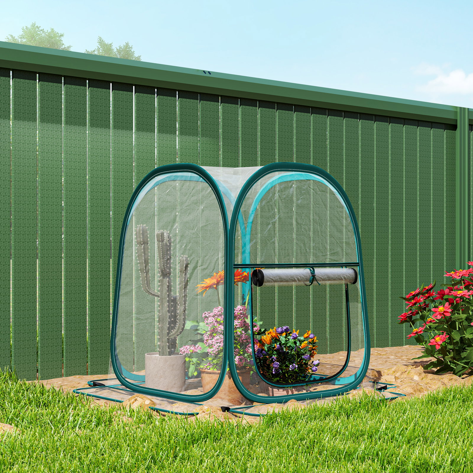 Mini estufa dobrável pop-up para exterior com porta enrolável e cobertura transparente