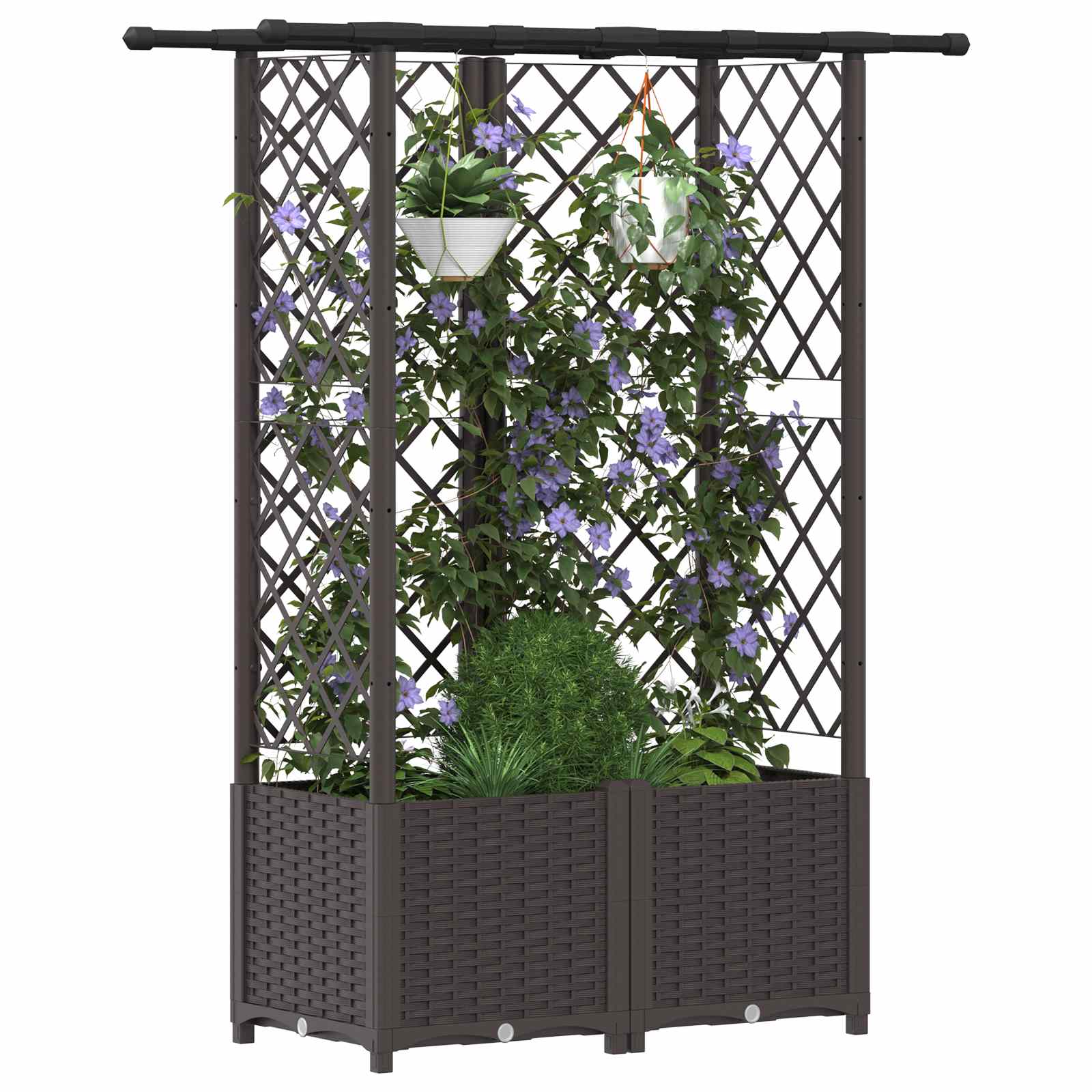 Cama elevada com treliça e telhado castanho 124 x 40 x 136 cm