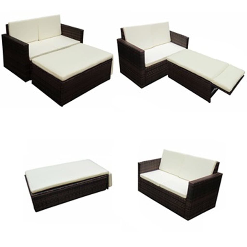 2 Pcs conjunto lounge jardim c/ almofadões vime PE castanho