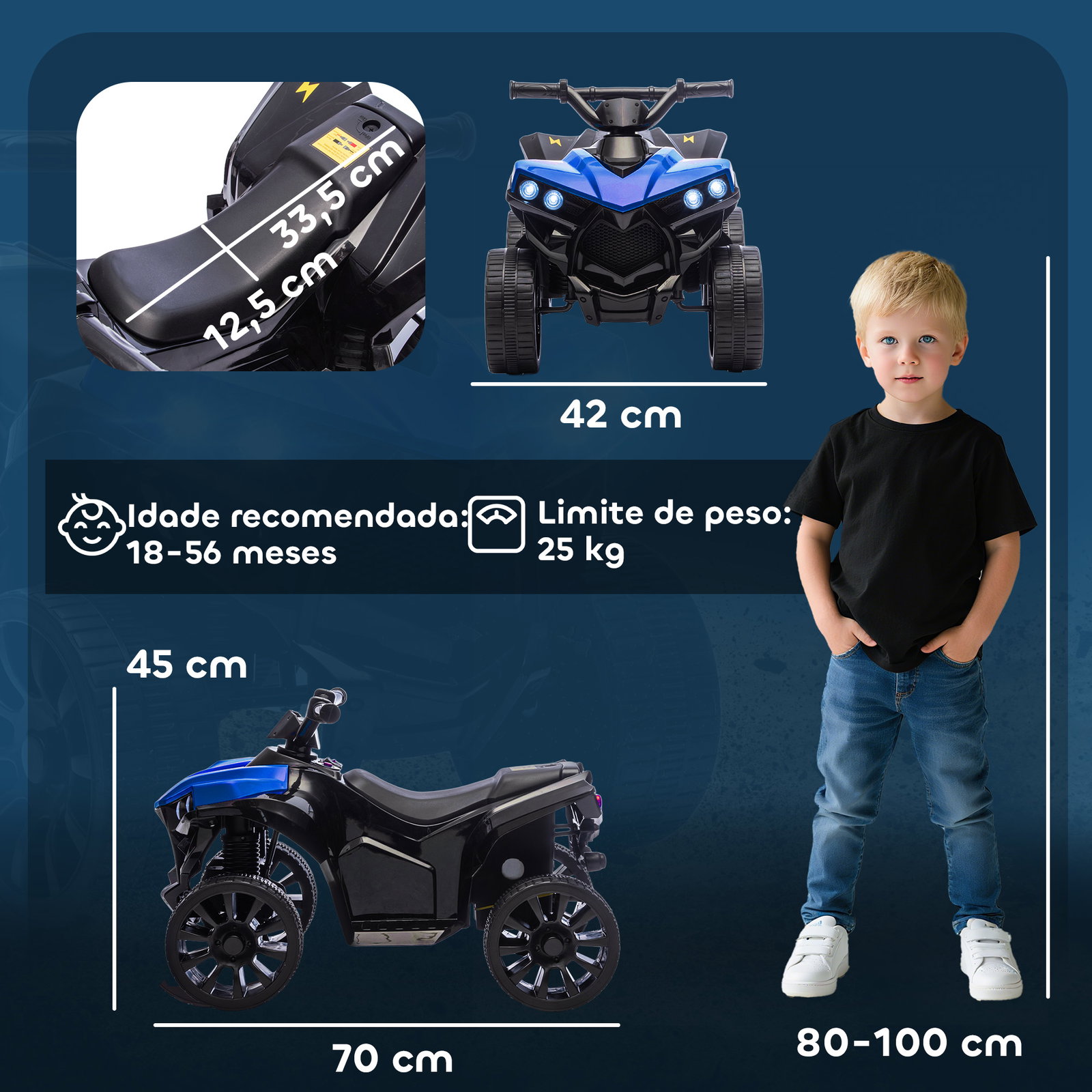 Quadriciclo elétrico para crianças 6 v quadriciclo para crianças com velocidade até 3 km/h faróis e música 70x42x45 cm azul