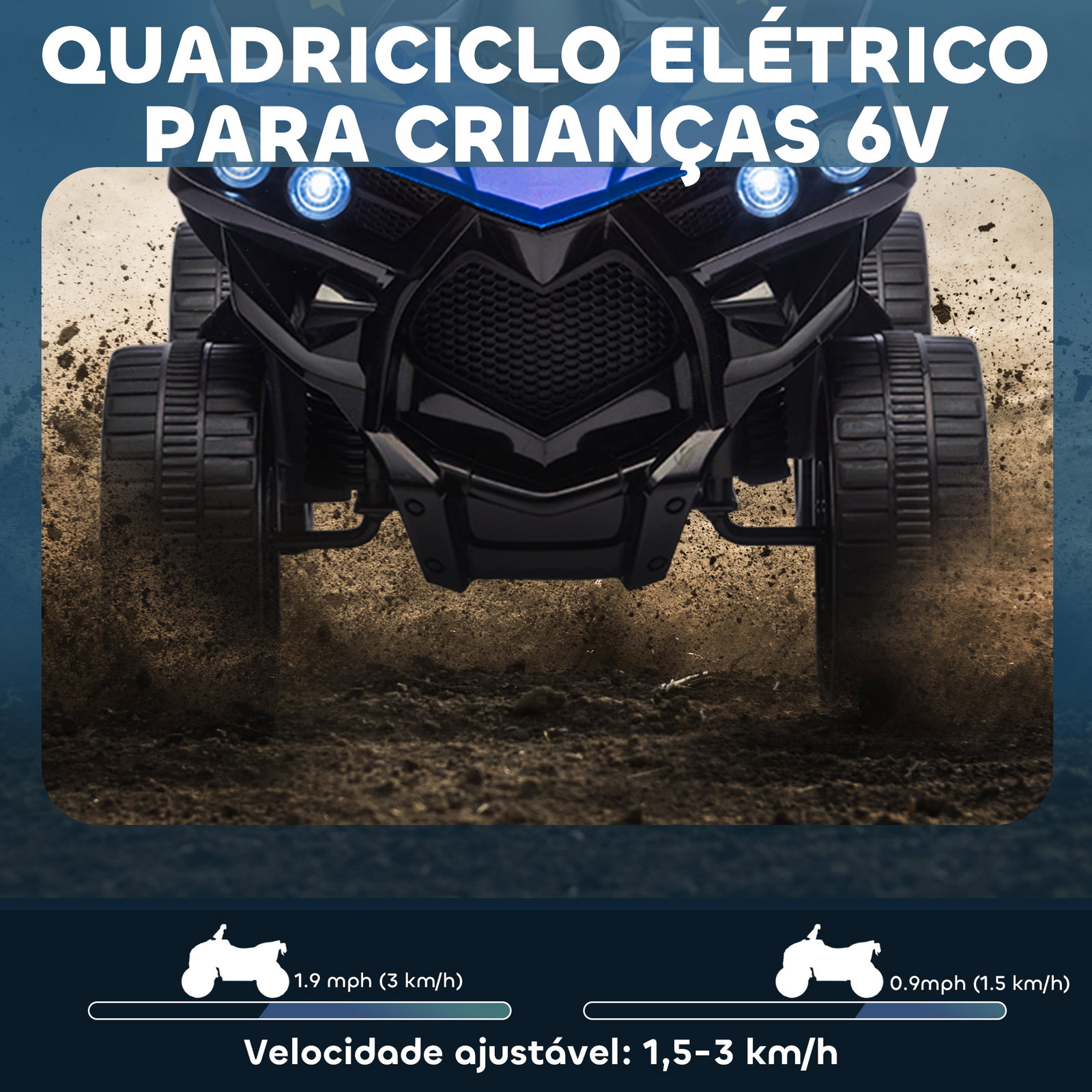 Quadriciclo elétrico para crianças 6 v quadriciclo para crianças com velocidade até 3 km/h faróis e música 70x42x45 cm azul
